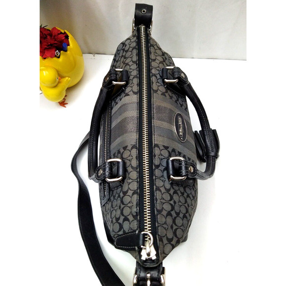 Coach Molly Signature Black Canvas Stripes Top Handles Zipper Satchel Bag - Picture 8 of 14